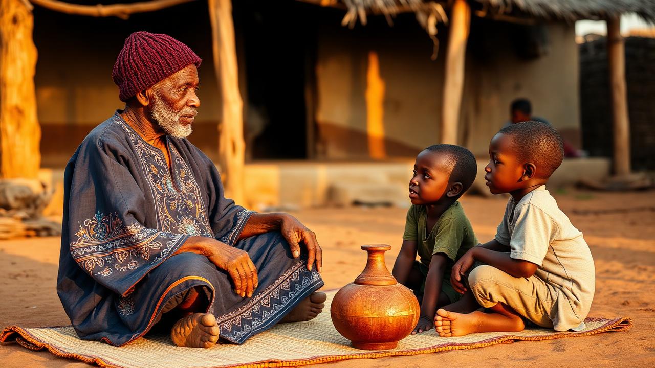 An elder teaching two children in a village courtyard